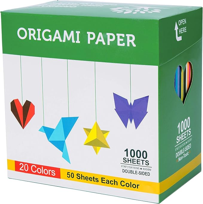 BUBU Origami Paper Kit 1000 Sheets 6 Inch Square Double Sided Color 20 Vivid Colors for Beginners Trainning and School Craft Lessons