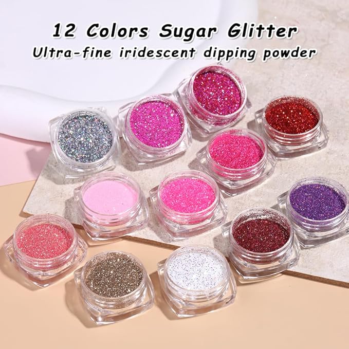 Holographic Sugar Glitter Powder for Nails, 12 Colors Iridescent Sugar Nail Dipping Powder Pigment Ultra Fine Sparkle Nails Gel Polish Glitter Dust Manicure Decoration for Home DIY Salon