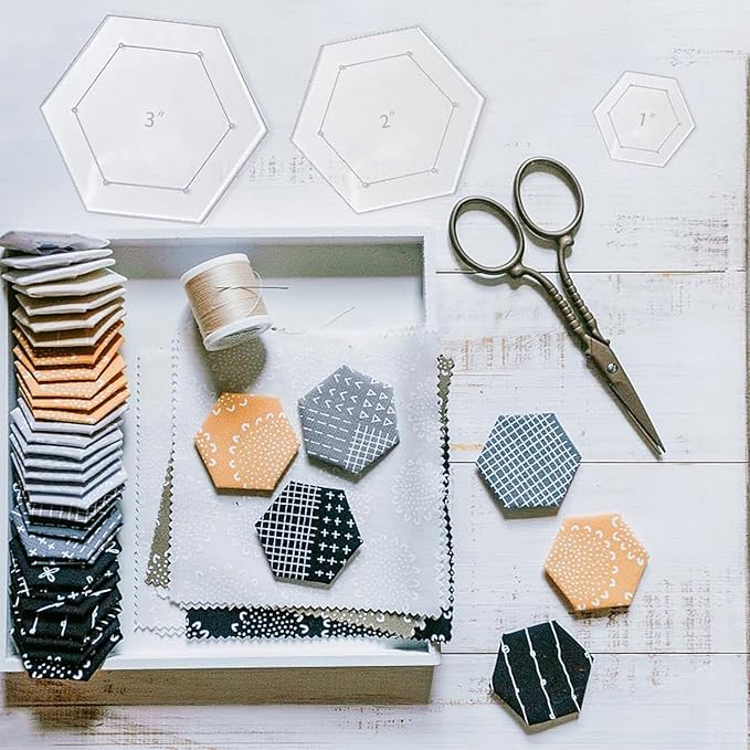 7 Pieces Hexagon Quilting Template with 1/4 Inch Seam Allowance, Hexagon Acrylic Quilting Rulers and Templates for Sewing DIY Manual Crafts Including 1 Inch*2, 1.5 Inch*2, 2 Inch, 3 Inch, 5 Inch