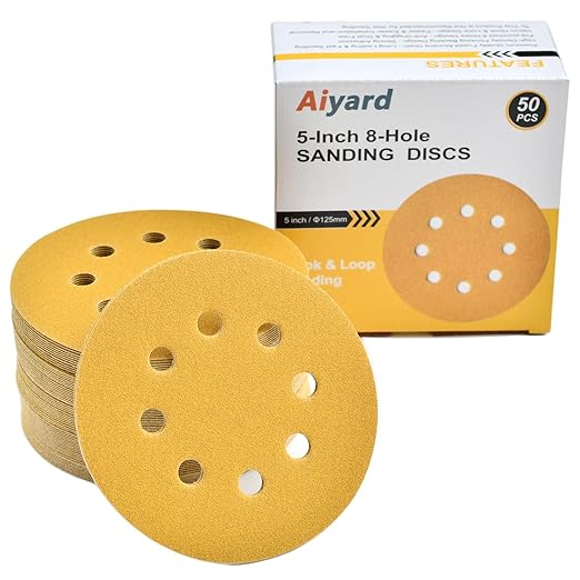 5-Inch 8-Hole Hook and Loop Sanding Discs 150-Grit Random Orbit Sandpaper, 50-Pack