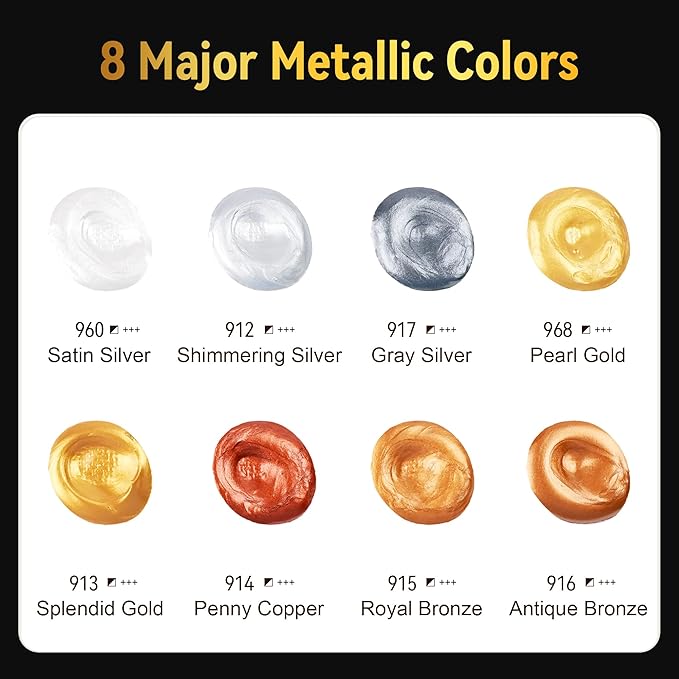 AUREUO Metallic Acrylic Paint Set - 8 Essential Colors 0.71 Fl Oz / 21ml Tubes Gold Silver Art Paints for Crafts Decor Rich Pigments Non-toxic Painting Supplies for Artists