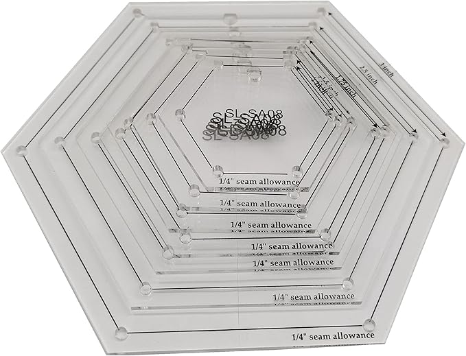 HONEYSEW 1/4" Seam Allowance Hexagon Template Set for Quilting 8 Size Sewing Rulers