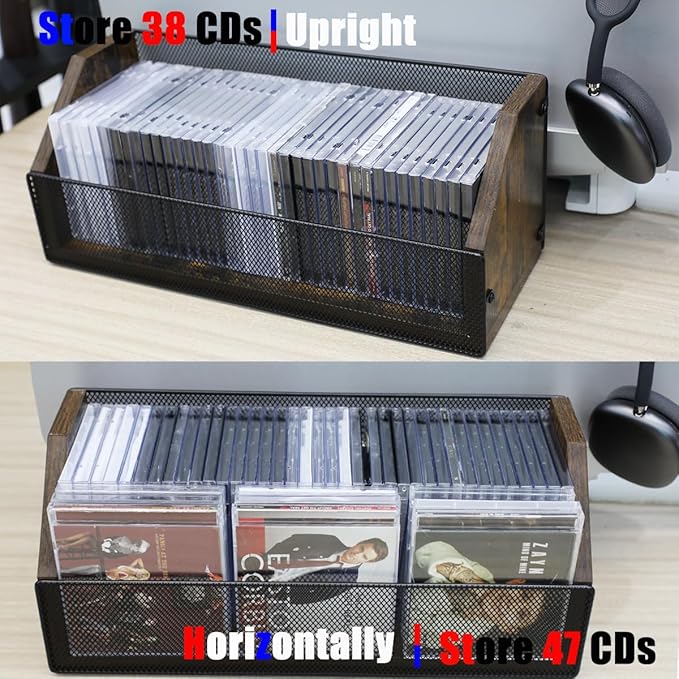 CD Storage Holder CD Case, Wooden CD Organizer Rack, Retro-style CD Rack Shelf Holds Up 32 CDs, Perfect Ideal for Storaging CDs and CD Jewel Cases on Destop or Cassette