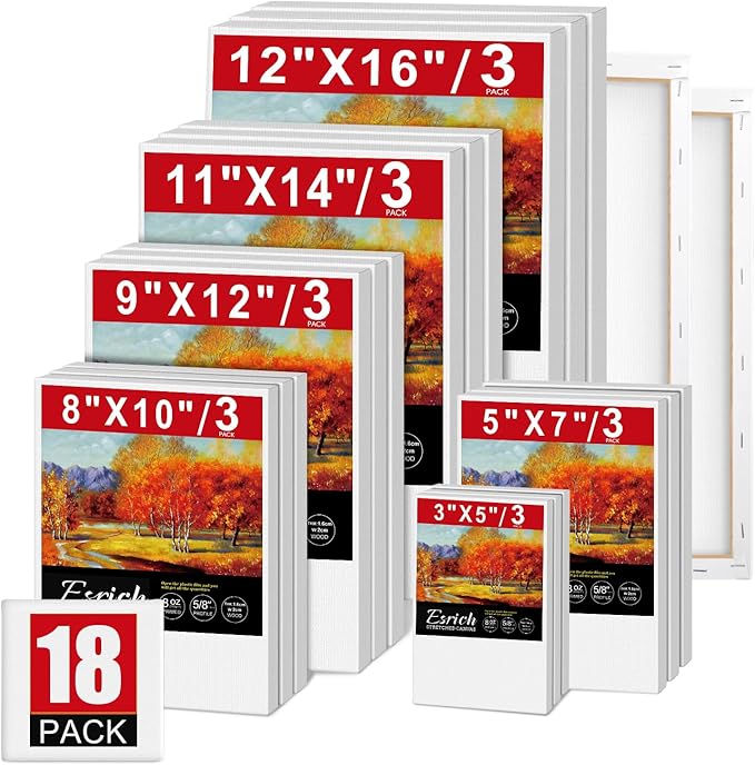 ESRICH Stretched Canvas for Painting,18 Multi Pack Blank Canvases for Painting 12x16, 11x14, 9x12, 8x10, 5x7, 3x5, Cotton Primed Painting Canvas for Oil, Acrylic Paint, for Beginners, Artists.