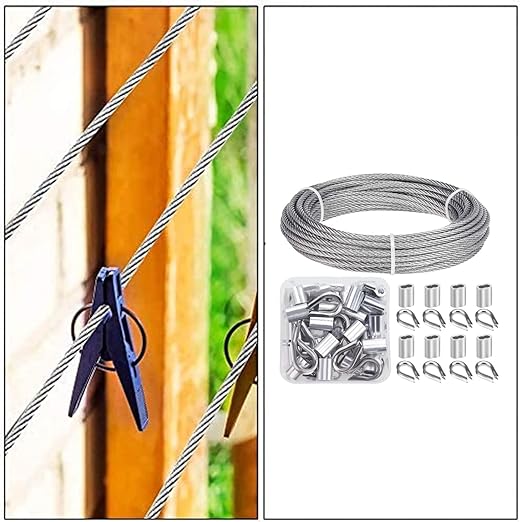 1/8 inch Wire Rope Kit, Haploon 33ft Wire Cable Rope Stainless Steel Cable Railing kit, 50 Pcs Aluminum Crimp Sleeves and 12 Pcs Thimble for Decking,Railing,DIY Outdoor Shades, Picture Hanging