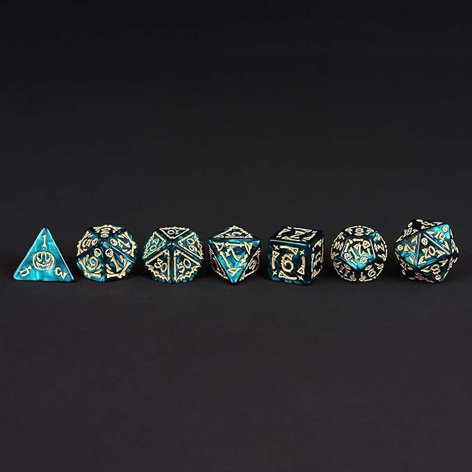 7-Die DND Dice Set Halloween Pattern Polyhedral Die Set with Leather Bag, Skull Dice D&D Die for RPG Table Games (Halloween Pattern-Green)