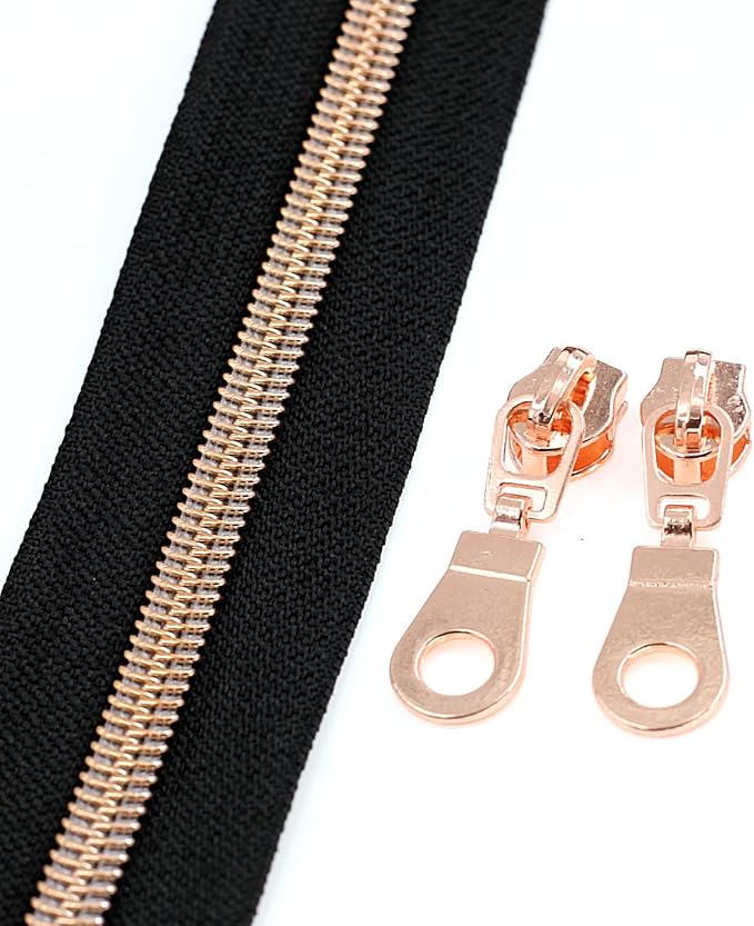 Leekayer #5 Rose Gold Metallic Nylon Coil Zippers by The Yard Bulk 10 Yards Black Tape with 25pcs Rose Gold Sliders for DIY Sewing Tailor Craft Bag(Black)