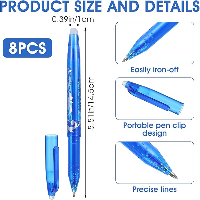 8pcs Heat Erasable Pens for Fabric, Fabric Marking Pens Fabrics Markers No Ghost Lines, Disappearing Ink for Precise Marking for Quilting Sewing Embroidery DIY Dressmaking Fabrics Tailors Chalk