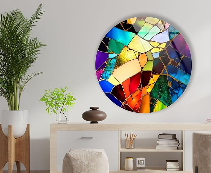 My Photostation.com 20''(50cm) Diameter Multicolor Round Stained Glass Wall Art Vibrant Mosaic Abstract Panel Tempered Glass Printing Wall Decor Large Wall Art Wall Hangings