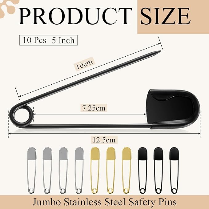 Juexica 10 Pcs 5 Inch Jumbo Stainless Steel Safety Pins Large Heavy Duty Huge Strong Laundry Pins for Upholstery Sewing Quilting Key Rings Craft Outdoor (Black,Silver,Gold)
