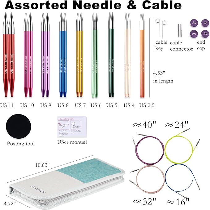 Svartur Interchangeable Circular Knitting Needles Set, with Multicolored Circular Knitting Needles and Cables, Accessories and Knitting Needle Storage Case, 9 Pairs
