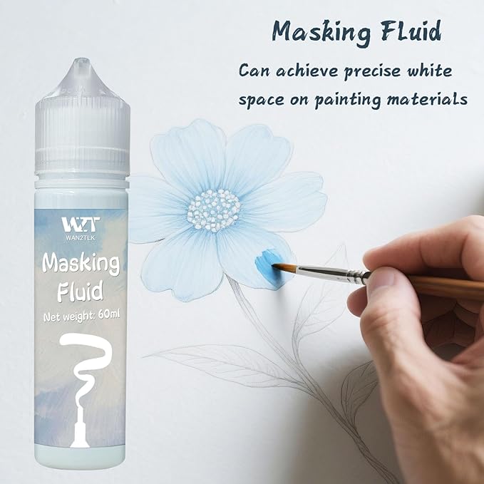 Masking Fluid for Watercolor Painting 60ml Blue with a Paintbrush and Eraser - Art Masking Fluid Pen Watercolor Medium Art Supplies for Artists