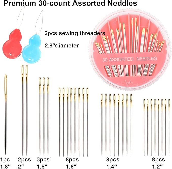 Eketirry Premium Hand Sewing Needles，2 Pack 30-Count Assorted Needles for Sewing Repair, 6 Different Sizes Sewing Needles with 2 Threaders (Pink, 2)