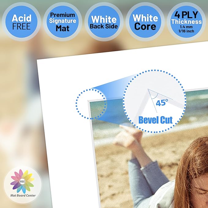 Mat Board Center, Pack of 20, 16x16 for 12x12 White Photo Picture Mats - Acid Free, 4-ply Thickness, White Core - for Pictures, Photos, Framing
