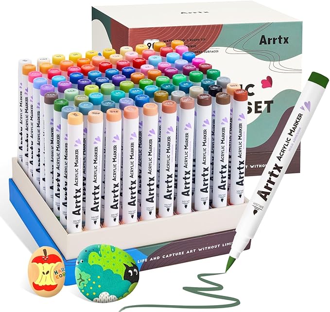 Arrtx 90 Colors Paint Markers, Acrylic Paint Pens for Artists Adults Coloring Drawing - Extra Brush Tip for Rock Painting, Wood, Canvas, DIY Crafts Making Art Supplies