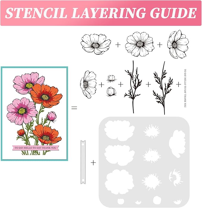 ORIGACH Realistic Cosmos Flower Layering Stencils Set for Card Making, Coreopsis Flower Stencil Template Silicone Stamps and Die Sets for Scrapbooking DIY Crafting
