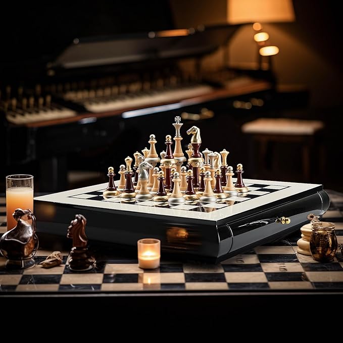 AMEROUS 16 Inches Wooden Chess Set, Large Size Board with 2 Built-in Storage Drawers - 2 Extra Queens - Metallic & Wooden Chess Pieces - Gift Packaging, Board Games for Adults and Kids