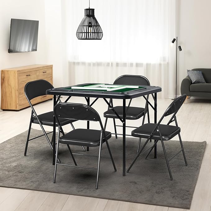PEXMOR 35" Foldable Mahjong Table, 4 Player Card Game Table w/Cup Holders & Chip Grooves, Portable Folding Poker Domino Board Game Table for Blackjack, Texas Hold'em, Jigsaw Puzzles Game