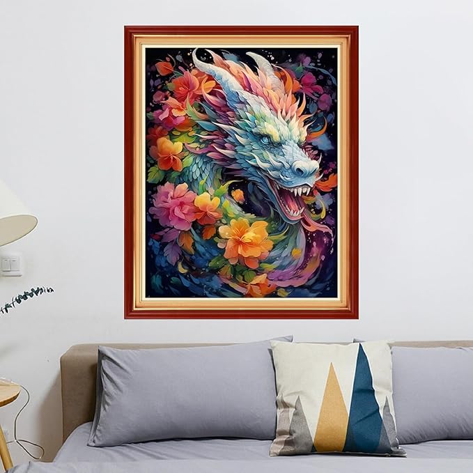 Stamped Cross Stitch Kits - Beach Night Landscape Counted Cross Stitch Kits for Beginners Adults Needlepoint Cross-Stitch Patterns-Flower Dragon 16x20 inchs