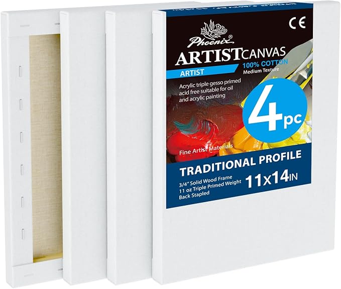 PHOENIX 11x14 Inch 4 Pack Artist Canvas - Stretched Canvases for Painting - 3/4 Inch Profile, 100% Cotton 11 Oz. Gesso Primed White Blank Professional Canvas Oil & Acrylic Paints