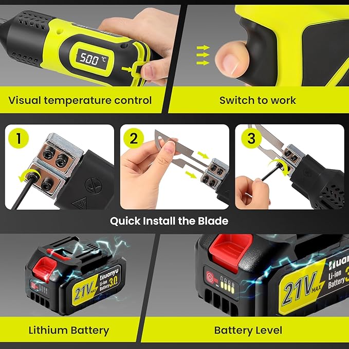 Huanyu Cordless Hot Knife with Temp. Display 100W Max 500℃ 3.0Ah Battery Powered Air Cooling Cutting Tool 4 Blades Set Electric Hot Knife Foam Cutting Tool Craft Shears for Rope, Fabric, Acrylic