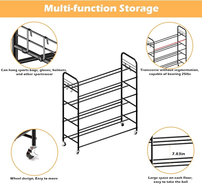 Ball Storage - 22.83" Basketball Cart With Wheels Garage Volleyball Storage Sport Equipment Holder Organizer For Indoor Outdoor,Metal Storage Rack For Playgroup,Gym And School