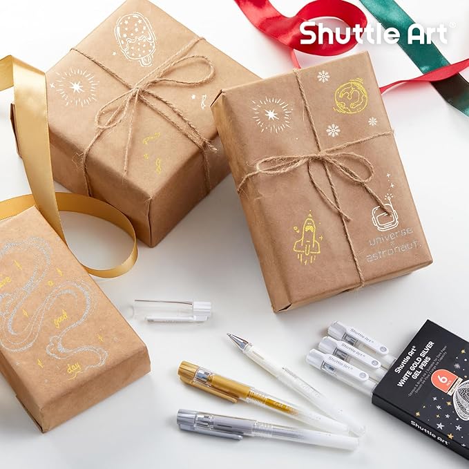 Shuttle Art White Gold Silver Gel Pens, 6 Pack 0.7mm, 1.0mm Metallic Gel Ink Pens Fine Point for Black Paper Highlighting Card Making Scrapbooking Coloring Writing Drawing School Office Home