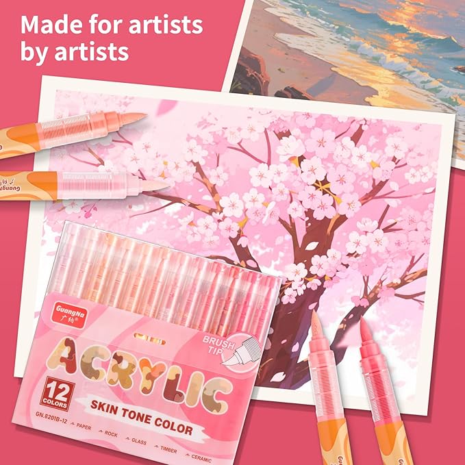 Guangna Acrylic Paint Markers 12 Colors, Skin Tone Series Set with Soft Brush Tip Water Based, Fine Tip Markers for Wood, Canvas, Rock Painting, Glass, Diy Crafts, Fabric Paint