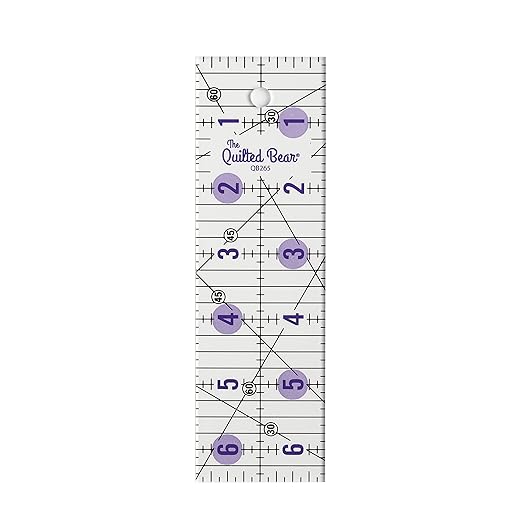 The Quilted Bear Quilting Rulers - Transparent Acrylic Non Slip Quilting, Patchwork & Sewing Ruler with Clear Black Lines & 30, 45 & 60 Degree Angles for Perfect Accuracy & Precision (2" x 6.5")