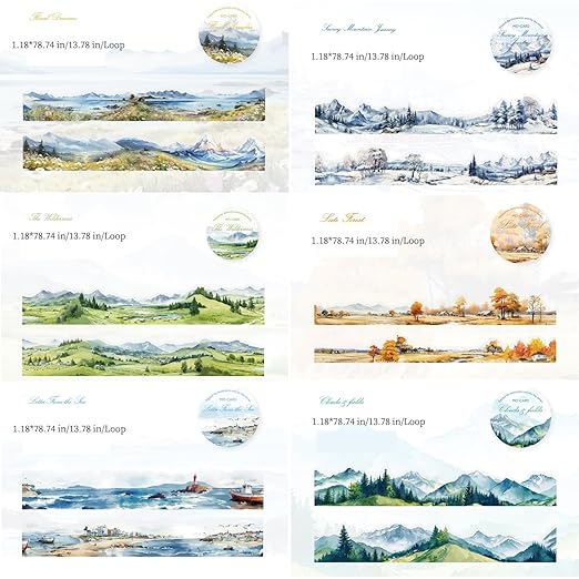 6 Rolls Landscape PET Tape,Transparent Nature Stickers for Scrapbook Supplies,Diaries,DIY Craft,Junk Journal,Album,Journaling(Mountain)
