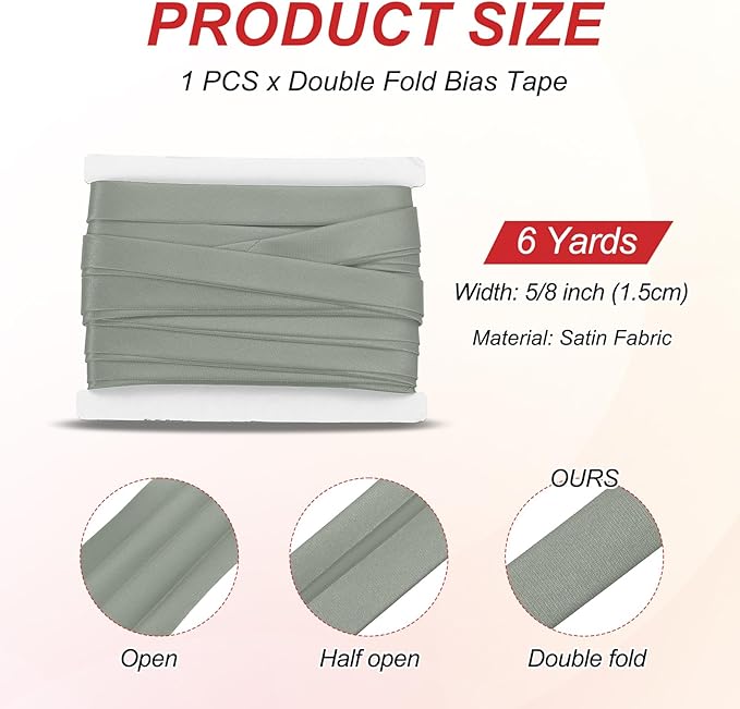 MECCANIXITY Double Fold Bias Tape for Sewing 5/8 Inch x 6 Yards Satin Pre-fold Continuous Binding Tape for Seaming Quilting Hemming Binding DIY Crafts, Gray