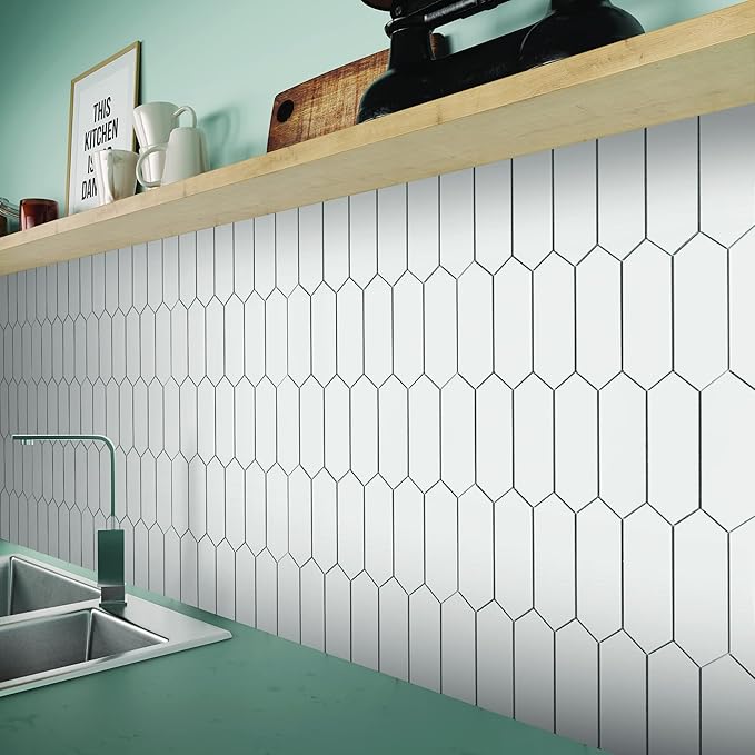 SUNWINGS Backsplash for Kitchen Peel and Stick, Stone Composite Self Adhesive Tiles Long Hexagon Mosaic Wall Tile, 12 Inch x 11.22 Inch 10 Sheets White