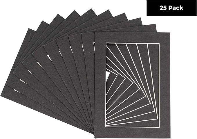 Pack of 25 Acid Free 8x10 Mats Bevel Cut for 5.5x8.5 Photos - Textured Black Precut Matboards With Backing Boards and Clear Photo Mat Bags For Pictures, Photos, Framing - 4-ply Thickness