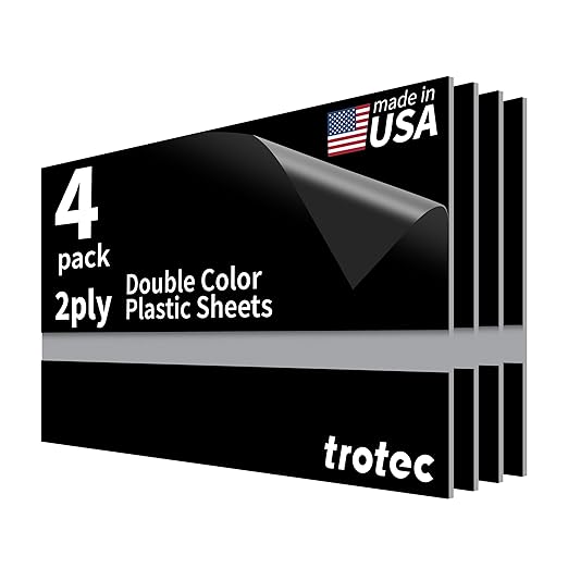 Trotec TroLase | 12"x24"x1/16", 4 Pcs | Black/Silver | 2 Ply | Modified Acrylic | Laser Engraving Double Color Plastic Sheet | Engraving Blanks for Laser, Saw, Guillotine | Made in USA