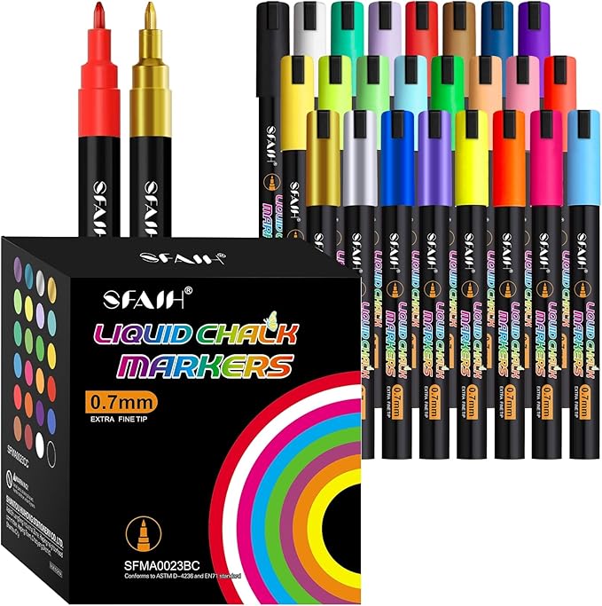 SFAIH Liquid Chalk Markers - 24 Colors 0.7-1mm Fine Tip, Non-Toxic Chalk Pens for Chalkboard Calendar, Acrylic, Glass, Menus, Labels, Signs, Wet Wipe, Zero Dust, Ideal for Home, Business or Bistro
