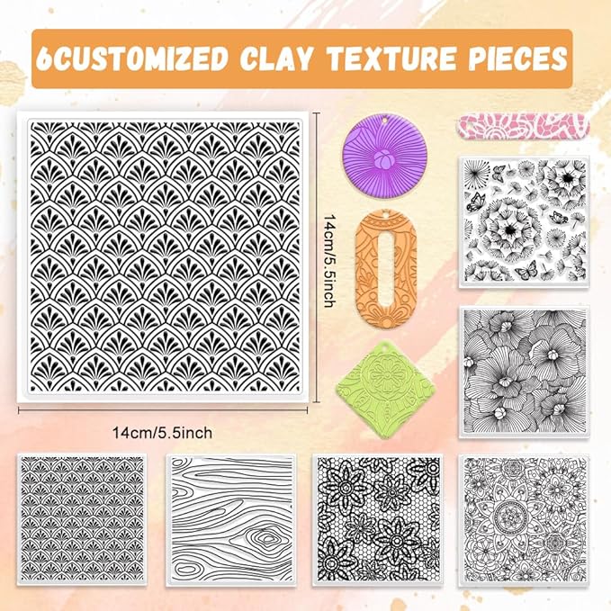 6 PCS Large Polymer Clay Texture Sheets 5.5 x 5.5 Inch Boho Clay Mat Works with Polymer Clay Cutter Pottery Earrings Jewelry DIY Making