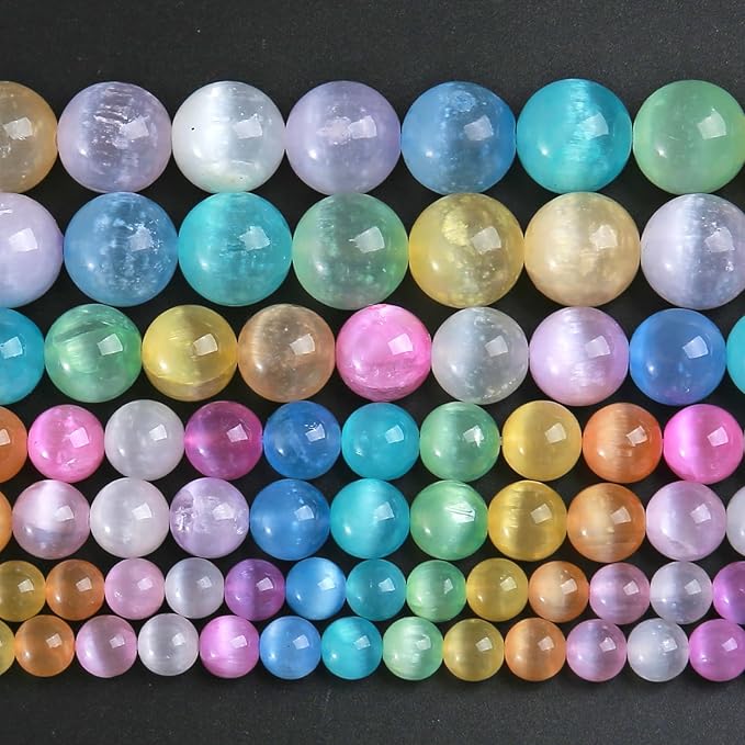 6MM 120pcs Mixed Color Selenite Gypsum Beads Natural Stone Round Loose Beads for Jewelry Making DIY Bracelet Necklace 2 Strands 32"