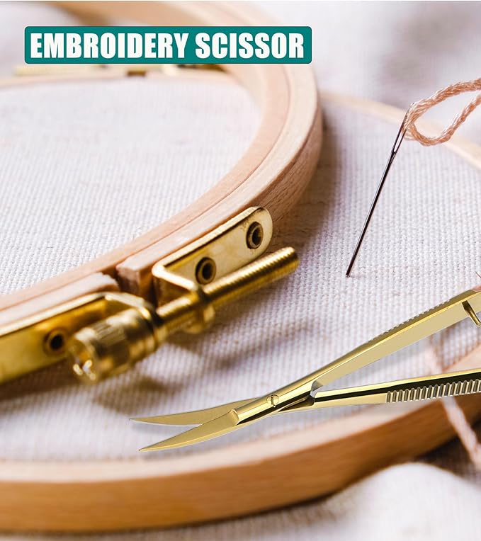 Cross Edge Curved Spring Scissors 5 Inch Stainless Steel Precision Eyebrow & Eyelash Shaping & Trimming Scissor, Snips Squeeze, Embroidery, Knitting Micro Tip Craft Scissors (Gold)
