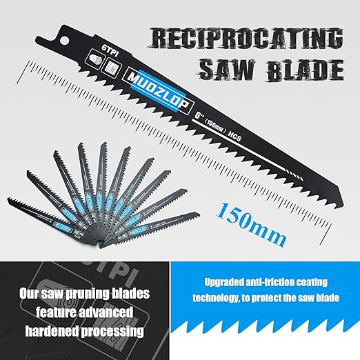 10Pack 6 inch Reciprocating Saw Blades Set,6TPI High Carbon Saw Blades, Woodcutting Saw Blades with Organizer Case (10, 6TPI/150mm)