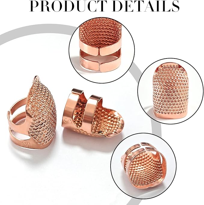 FR 4 Pack (2 Sizes, S/M) Sewing Thimble Finger Protector, Adjustable Finger Metal Shield Protector Pin Needles Sewing Quilting Craft Accessories DIY Sewing Tools Needlework Rose Gold