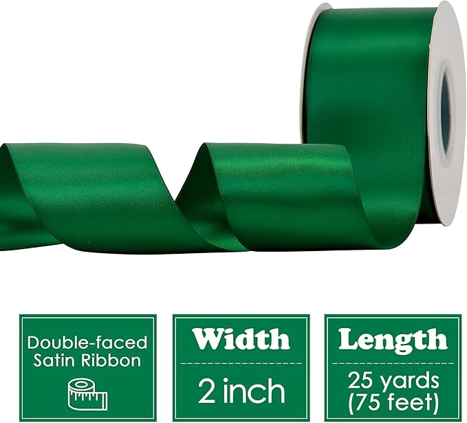 HUIHUANG Forest Green Ribbon 2 inch Double-Faced Forest Green Silk Fabric Ribbon for Christmas, Crafts, Bows Making, Flower Bouquet Wrap, Gift Wrapping, Home Decor, Hairs-25 Yards/Roll
