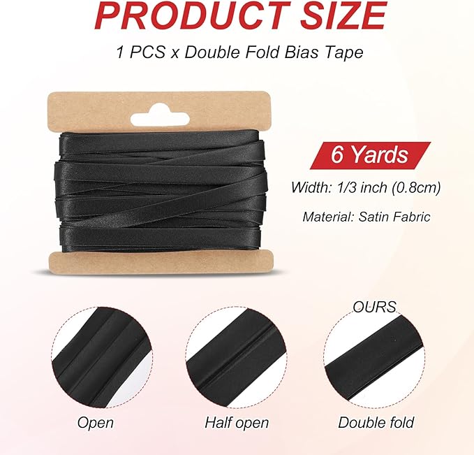 MECCANIXITY Double Fold Bias Tape for Sewing 1/3 Inch x 6 Yards Satin Pre-fold Continuous Binding Tape for Seaming Quilting Hemming Binding DIY Crafts, Black