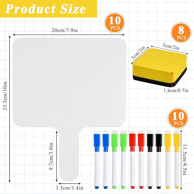 10 Pcs Dry Erase Answer Paddle, 10 x 8 Inch Auction Paddles with Markers and Erasers, Handheld White Board with Handle for Teaching Meeting Bidding Voting Games (Double Sided)