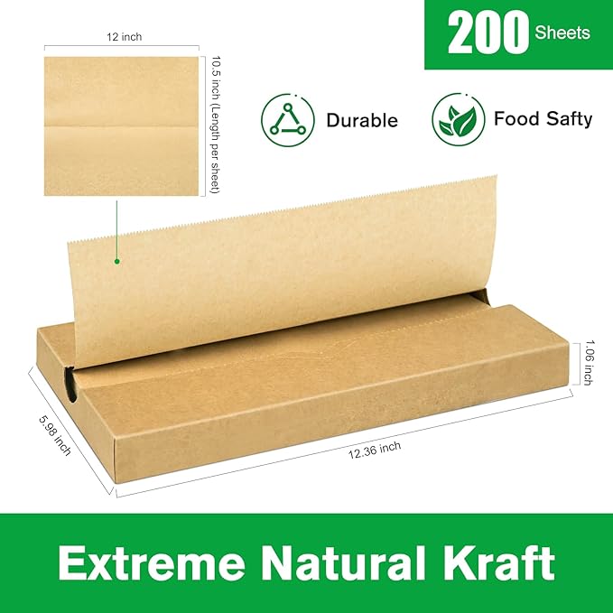 Precut POP UP Deli Paper Sheet Pack of 200, Interfolded Heavy Paper for Food Wrap and Serving (12" x 10-1/2", Kraft）