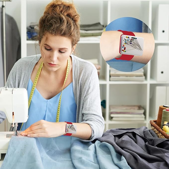 Magnetic Wrist Sewing Pincushion with 100 Pieces 1.5 Inch Ball Head Sewing Pins Set Wrist Magnetic Pin Holder Gift Supplies(Red)