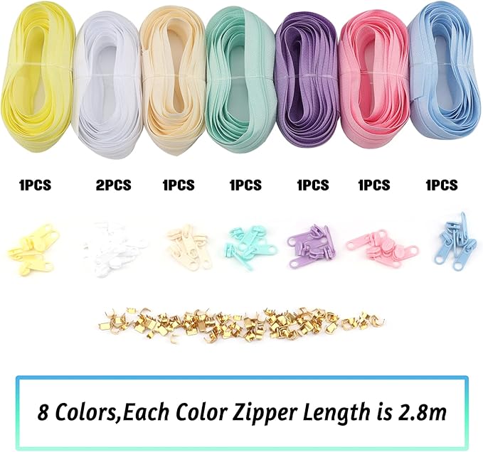 Zippers by The Yard for Sewing, DOITEM 2.8 mm Zippers 22.4 m Nylon Endless Zip Set with Slider and Zip for Sewing and Crafts – 7 Colors