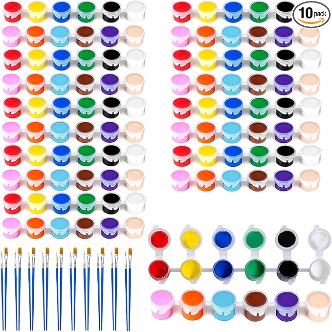 10 Pack Mini Acrylic Paint Set, 12 Colors Washable Paint Strips for Kids & Adults - Includes 20 Brushes (10 Flat + 10 Pointed), kids Paint Kits for Easter Eggs, Birthday, Classroom Party, Art Gifts