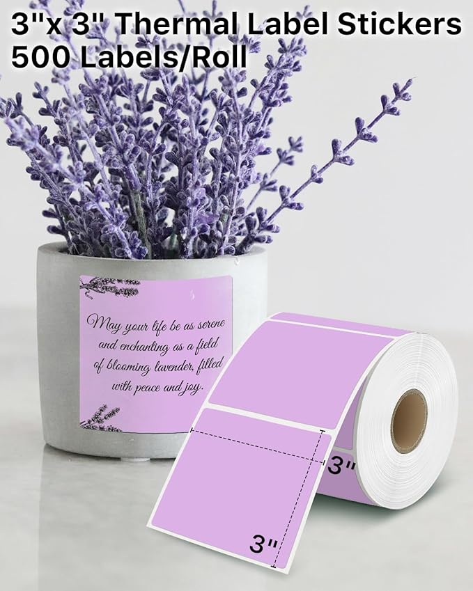 iEager Purple Square Thermal Label Stickers, 3" x 3" Self-Adhesive Square Direct Thermal Labels with Perforation Line, 500 Sheets/Roll