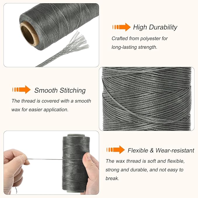 MECCANIXITY Waxed Thread,284 Yard 0.8mm 150D Flat Wax Thread Polyester Waxed String for Leather Sewing Hand Weaving Book Binding Home Decoration,Light Gray