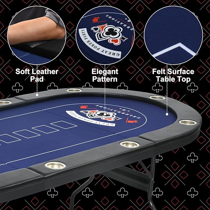 84" Poker Table, 10 Players Foldable Casino Leisure Texas Holdem Table, Portable Folding Game Table with Padded Rails and Cup Holders for Texas Card, Blackjack Board Game（Black）